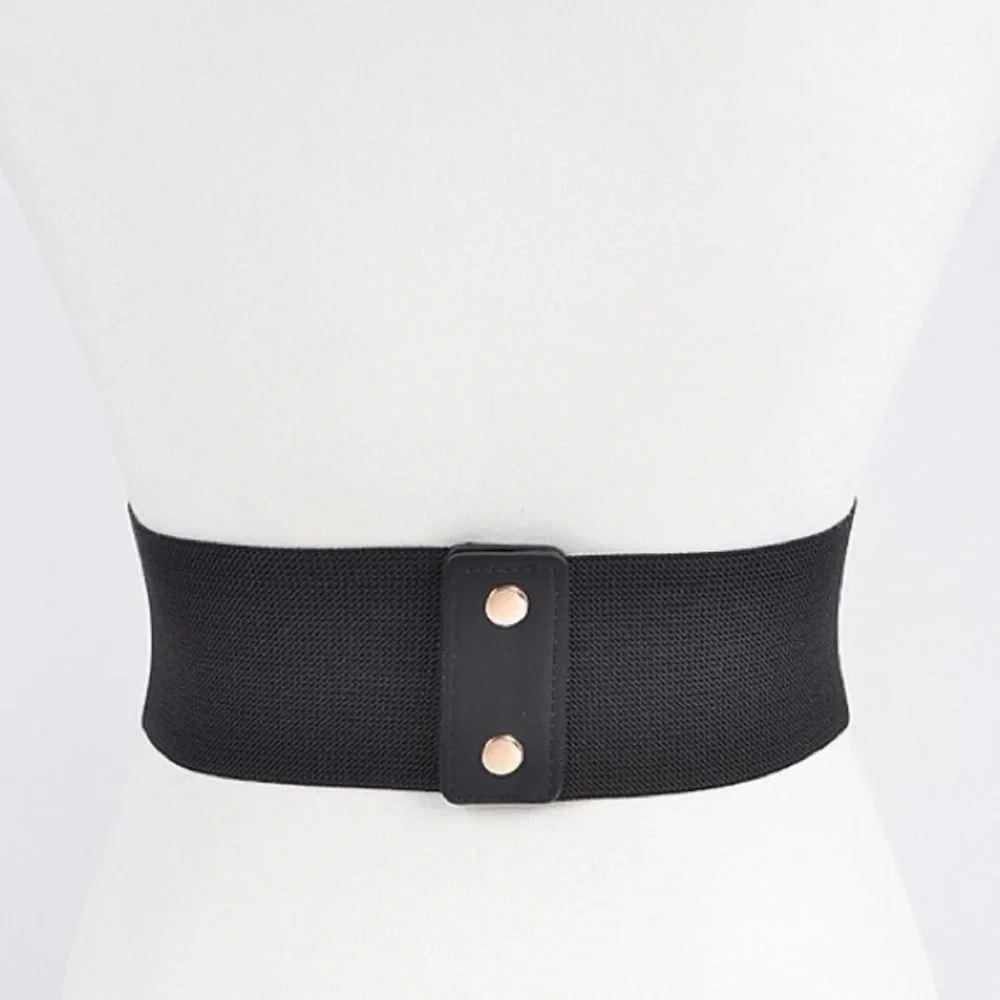Black Leather Wide Elastic Studded Waist Statement Belt